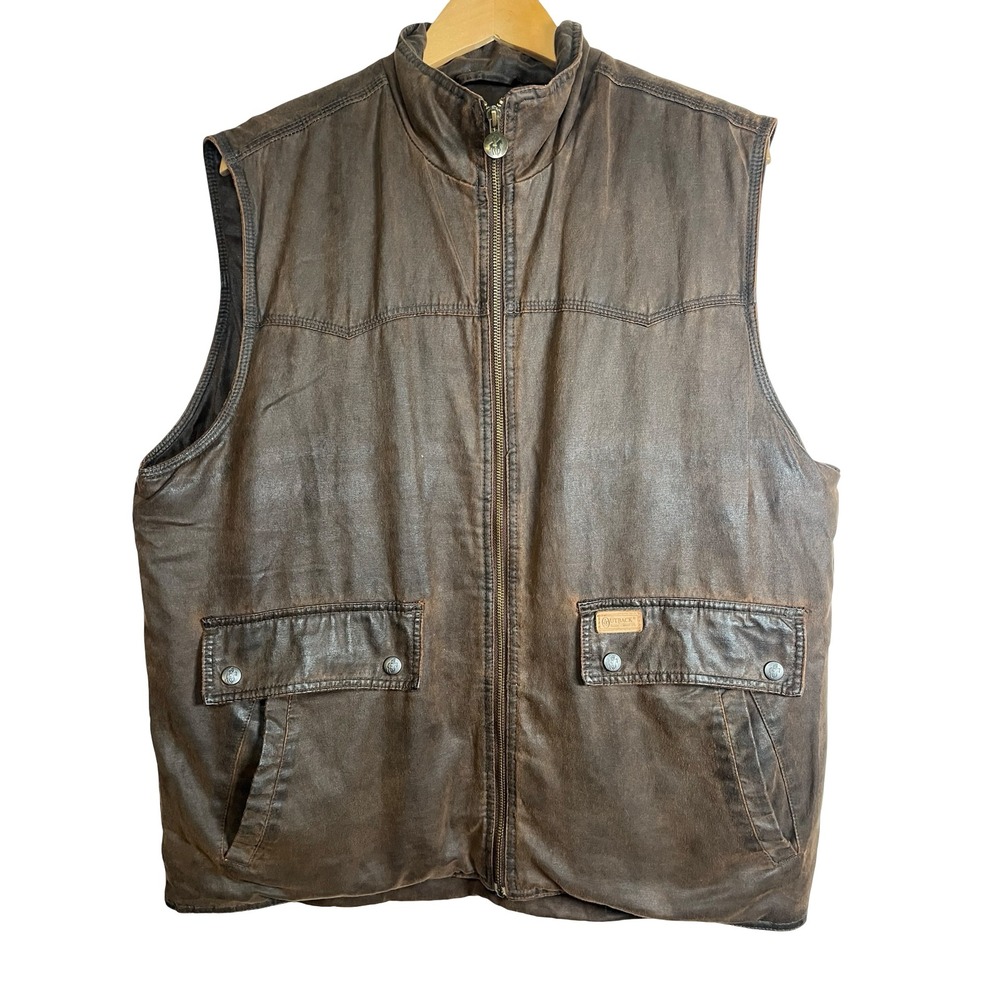Outback Trading Co Mens Large Brown Oilskin Waxed Cotton Vest Southwestern Lined